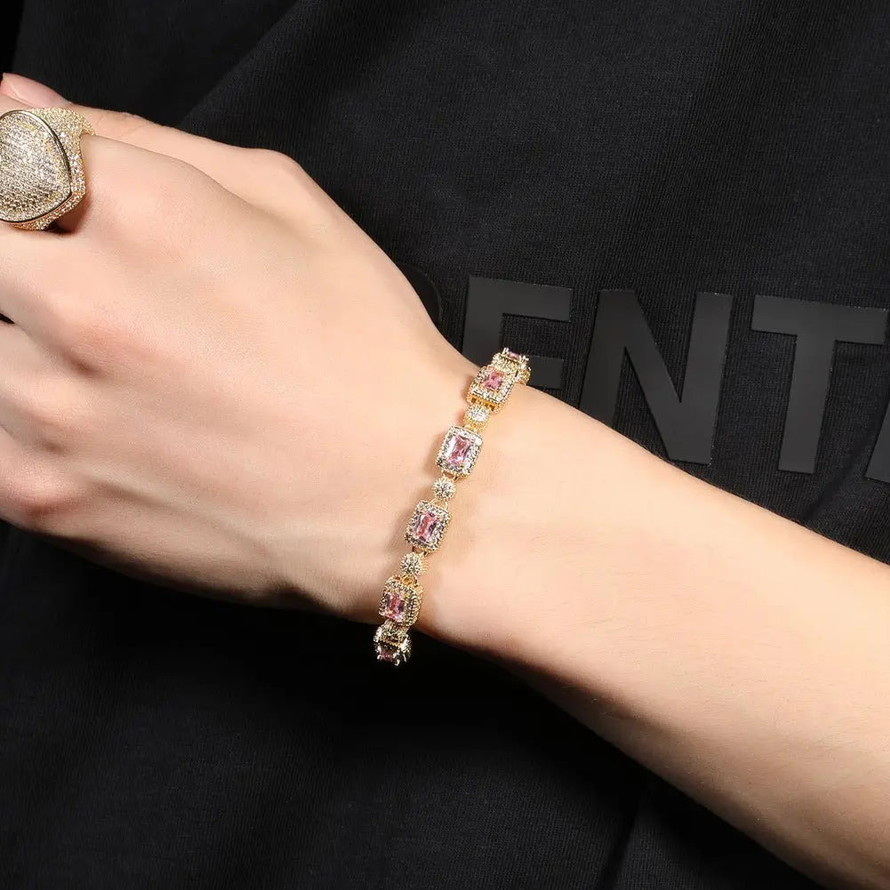 Copper inlaid pink zircon hip-hop bracelet nowadaysfashion