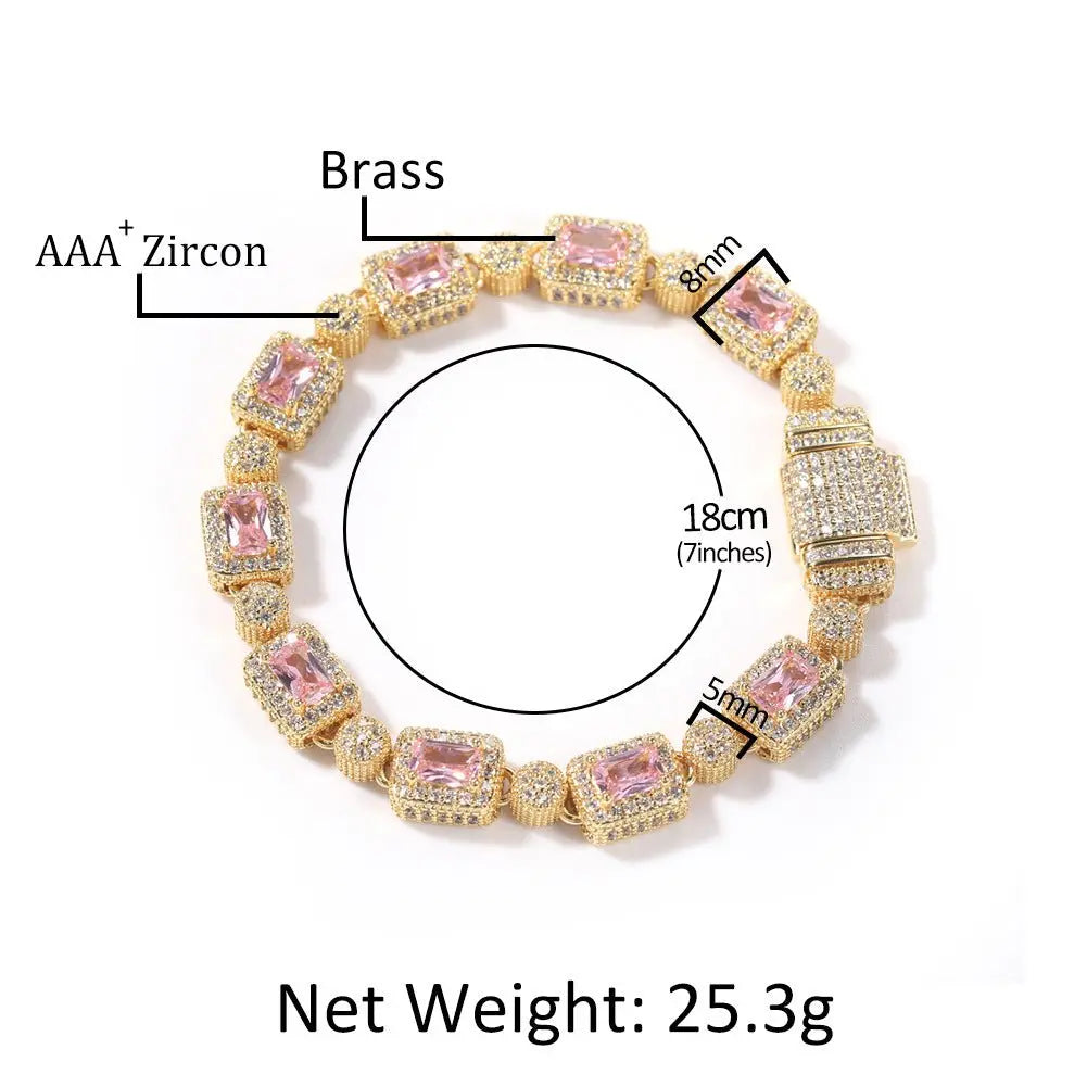 Copper inlaid pink zircon hip-hop bracelet nowadaysfashion