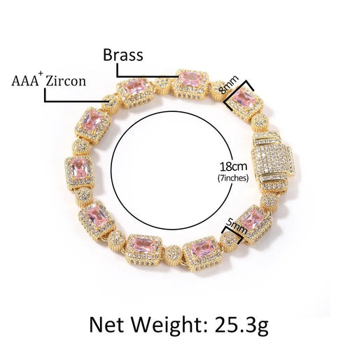 Copper inlaid pink zircon hip-hop bracelet nowadaysfashion