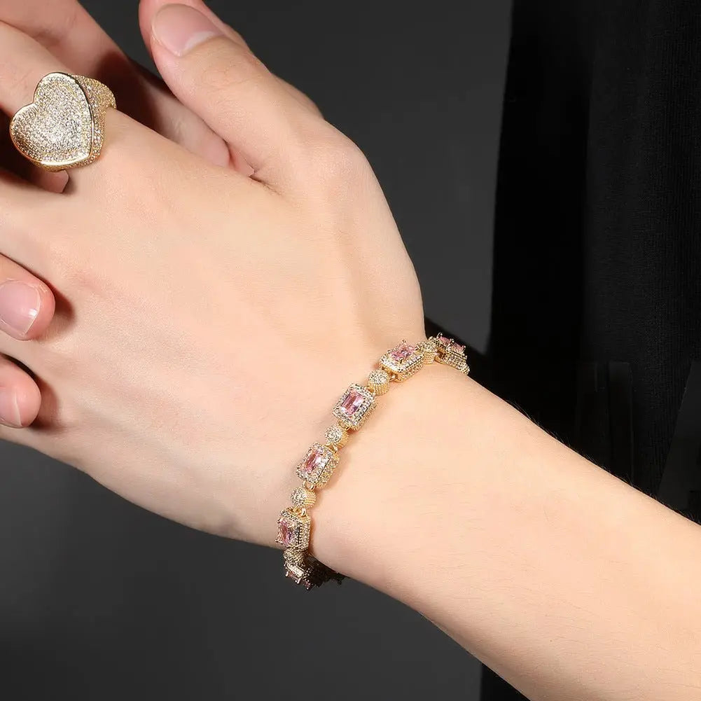 Copper inlaid pink zircon hip-hop bracelet nowadaysfashion