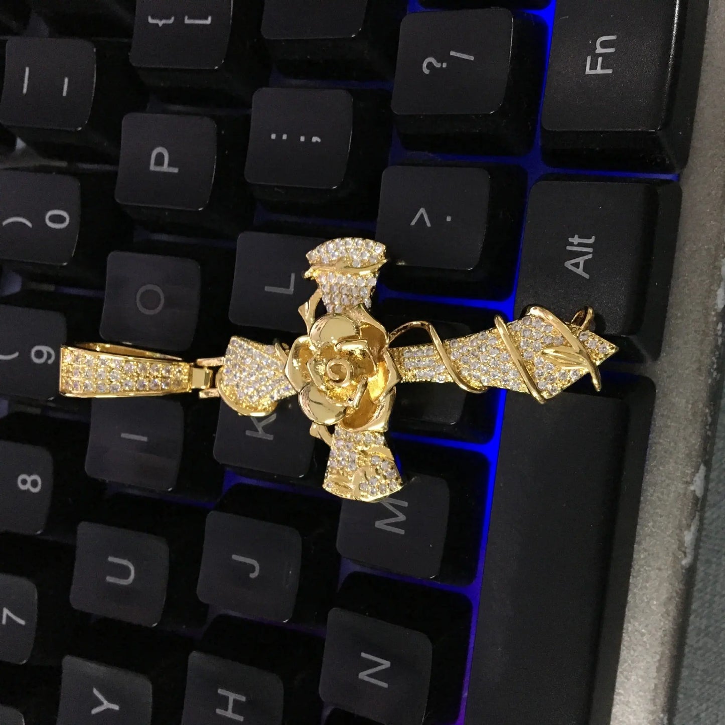 Copper set 5A zirconia rose cross pendant necklace - Blade & Thread