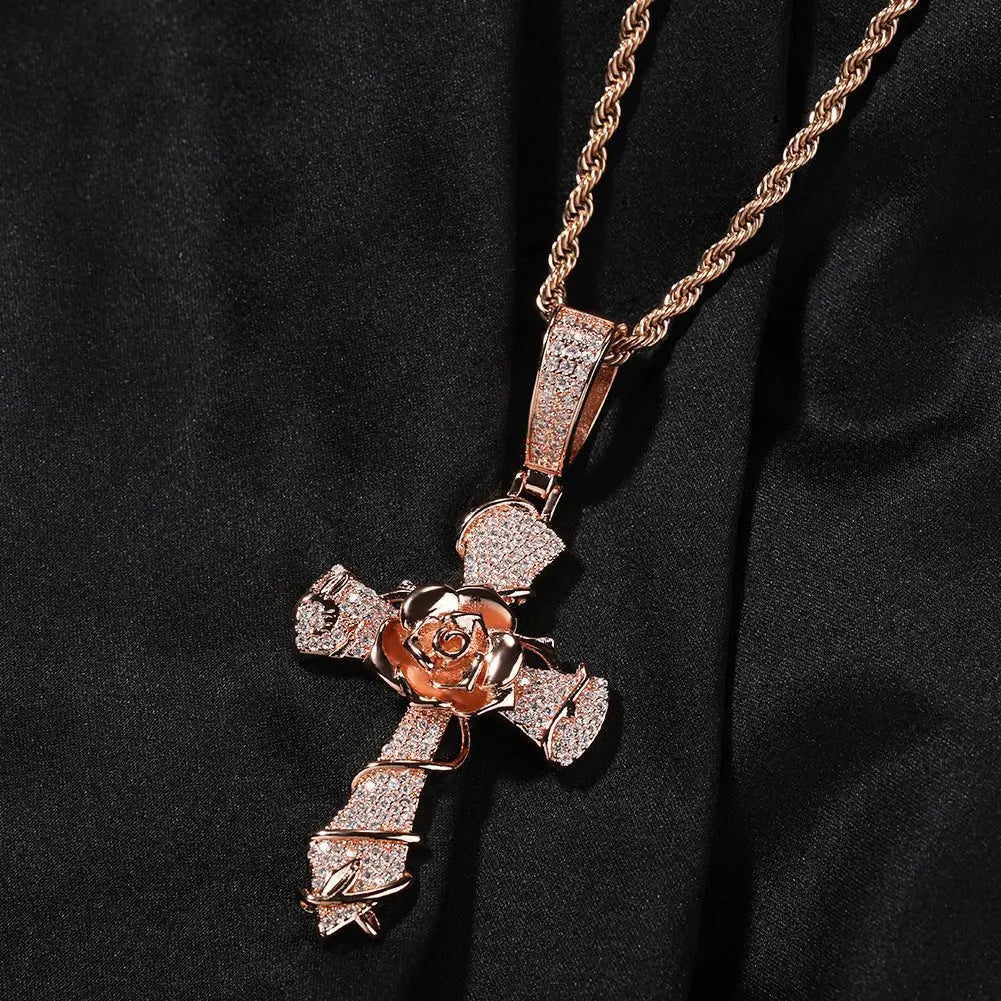 Copper set 5A zirconia rose cross pendant necklace nowadaysfashion