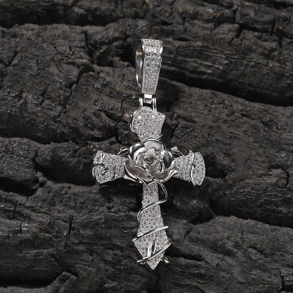 Copper set 5A zirconia rose cross pendant necklace - Blade & Thread