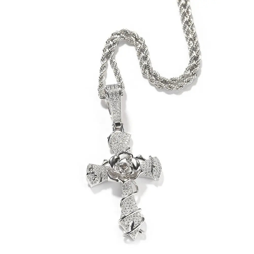 Copper set 5A zirconia rose cross pendant necklace - Blade & Thread