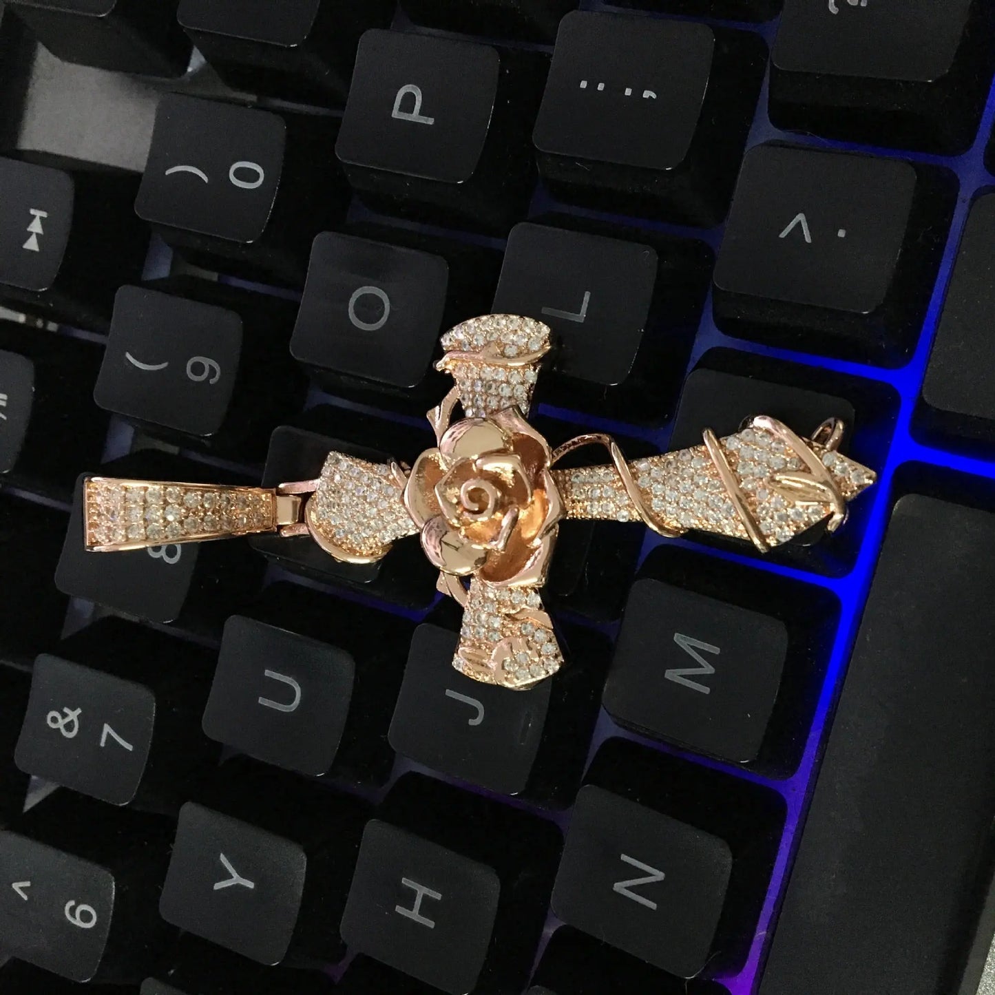 Copper set 5A zirconia rose cross pendant necklace - Blade & Thread