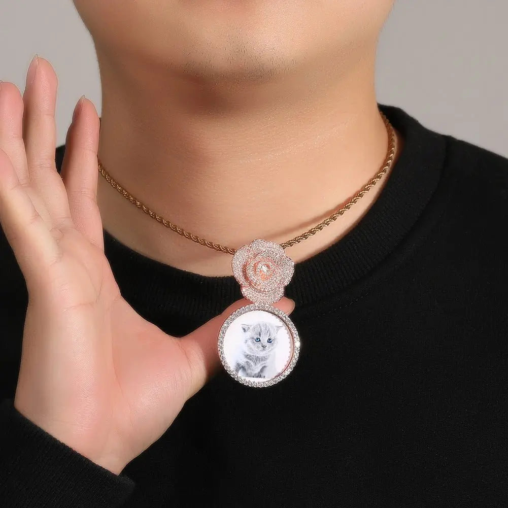Copper Zircon Round DIY Photo Pendant Rose Button Diamond Necklace nowadaysfashion