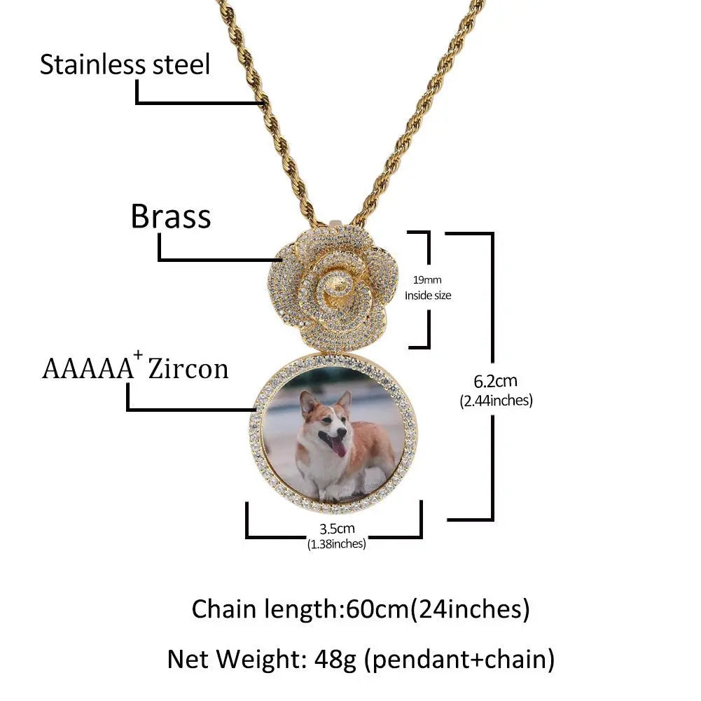 Copper Zircon Round DIY Photo Pendant Rose Button Diamond Necklace nowadaysfashion