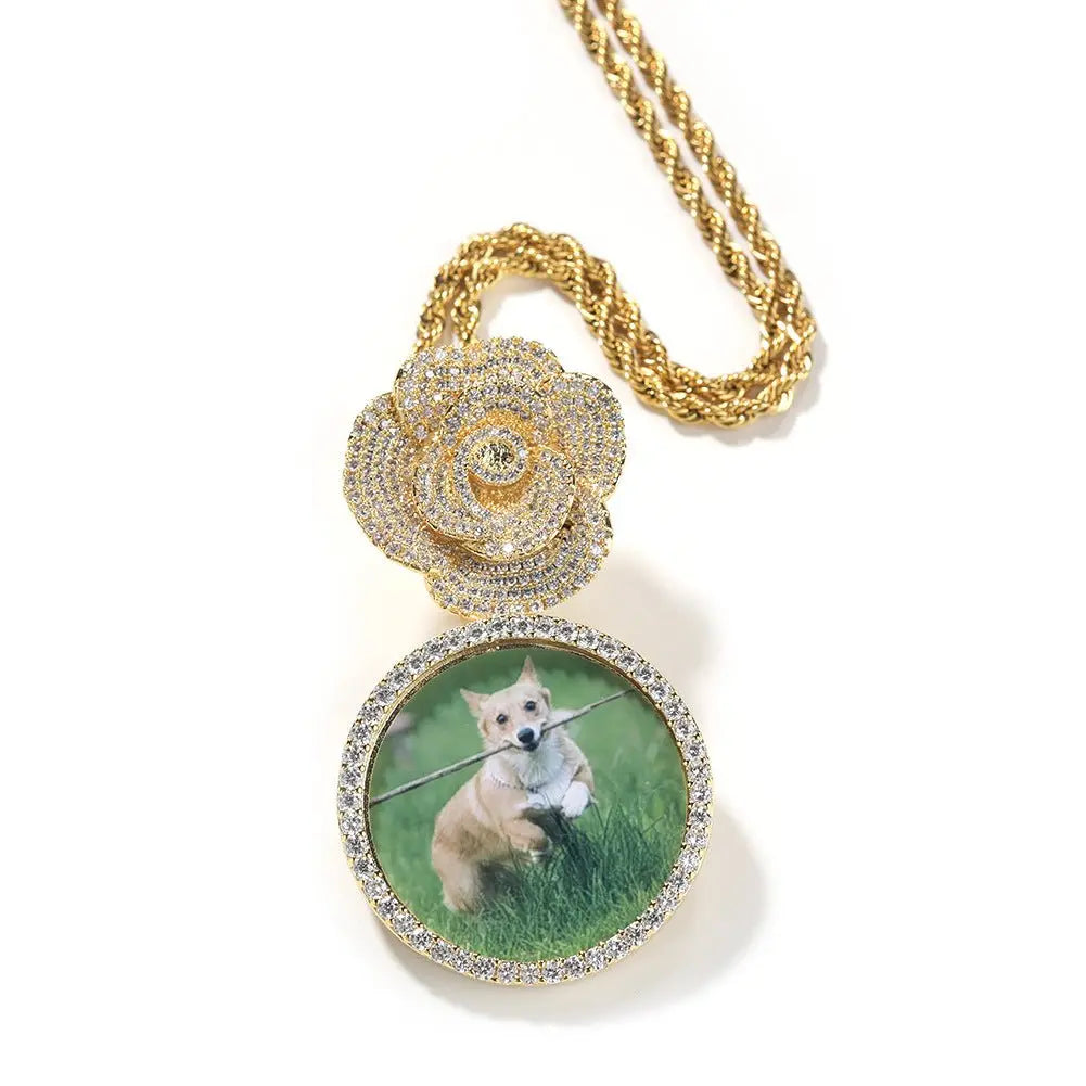 Copper Zircon Round DIY Photo Pendant Rose Button Diamond Necklace - Blade & Thread