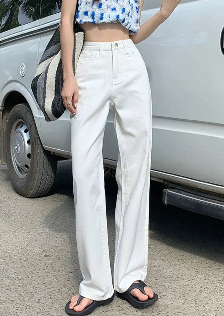 Cotton Ladies Wide Leg Denim Pants High Waist Loose Pockets Jeans Trousers - Blade & Thread
