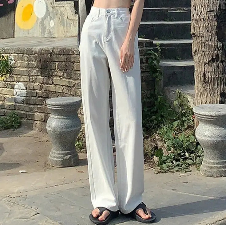 Cotton Ladies Wide Leg Denim Pants High Waist Loose Pockets Jeans Trousers nowadaysfashion