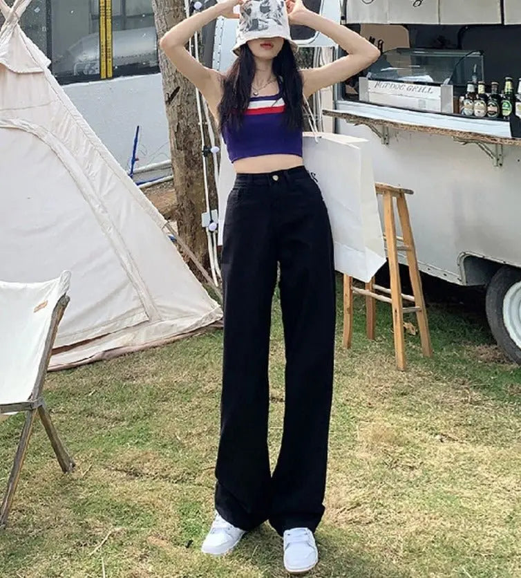 Cotton Ladies Wide Leg Denim Pants High Waist Loose Pockets Jeans Trousers nowadaysfashion