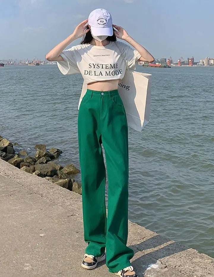 Cotton Ladies Wide Leg Denim Pants High Waist Loose Pockets Jeans Trousers nowadaysfashion