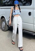 Cotton Ladies Wide Leg Denim Pants High Waist Loose Pockets Jeans Trousers nowadaysfashion