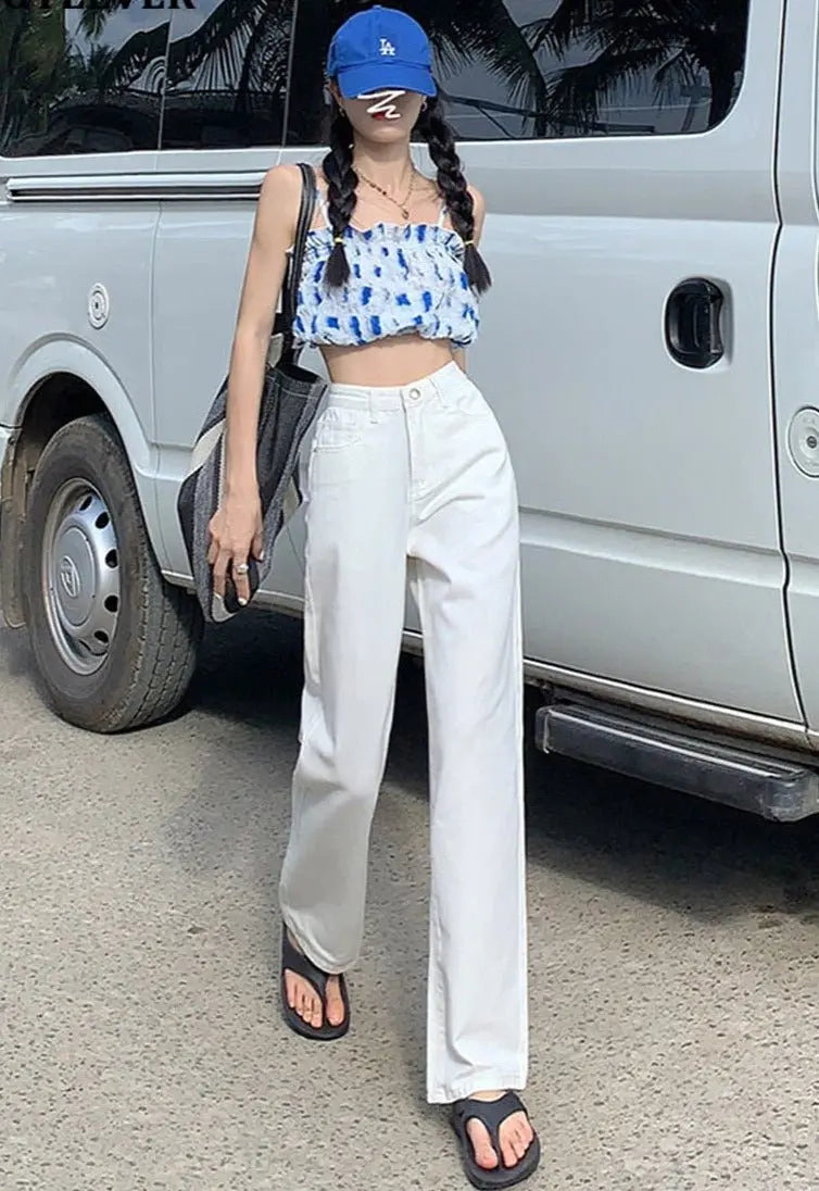 Cotton Ladies Wide Leg Denim Pants High Waist Loose Pockets Jeans Trousers - Blade & Thread