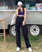 Cotton Ladies Wide Leg Denim Pants High Waist Loose Pockets Jeans Trousers nowadaysfashion