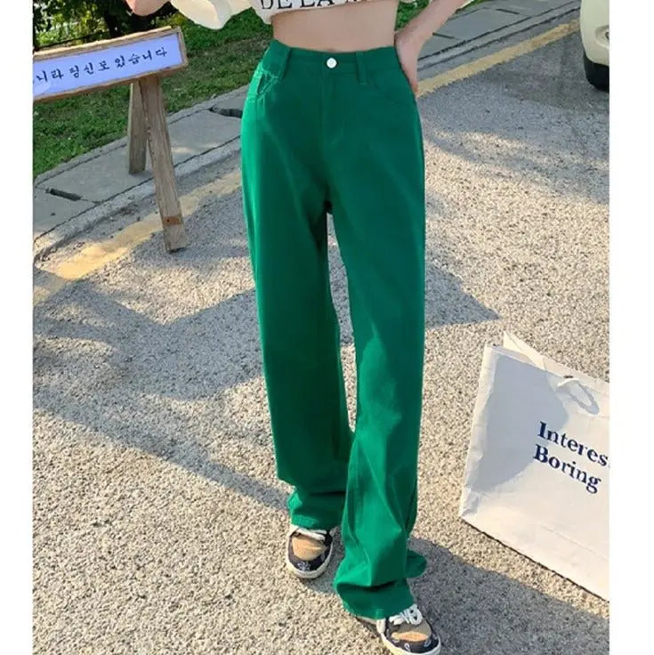 Cotton Ladies Wide Leg Denim Pants High Waist Loose Pockets Jeans Trousers nowadaysfashion