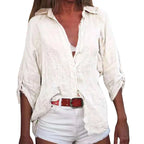 Cotton Linen Blouse Shirts Summer Solid Color Short Sleeve Buttons Cardigan Shirts nowadaysfashion