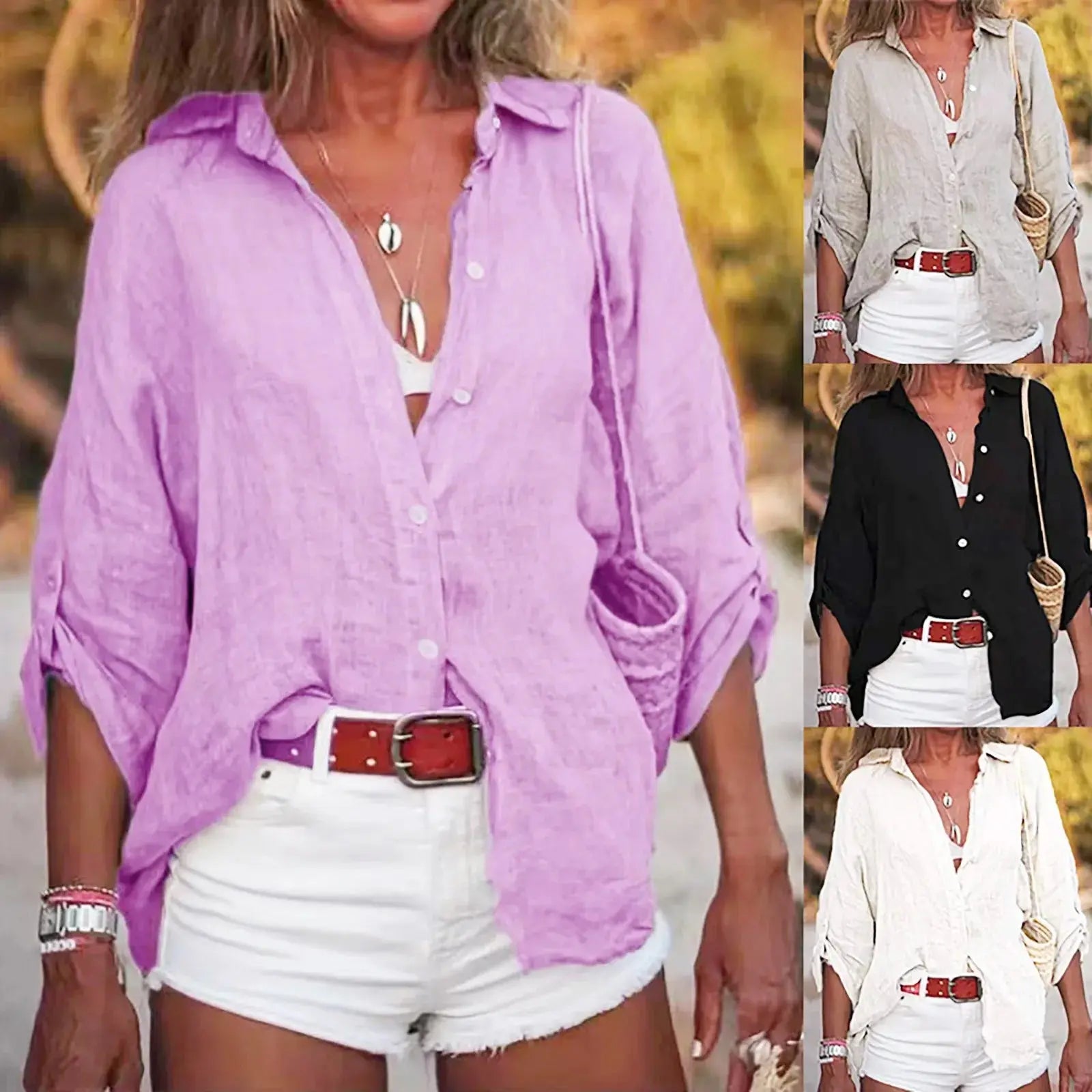 Cotton Linen Blouse Shirts Summer Solid Color Short Sleeve Buttons Cardigan Shirts - Blade & Thread