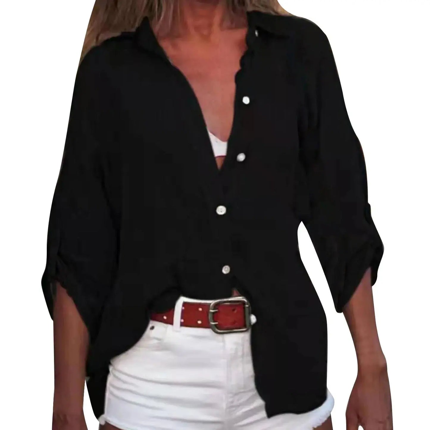 Cotton Linen Blouse Shirts Summer Solid Color Short Sleeve Buttons Cardigan Shirts - Blade & Thread