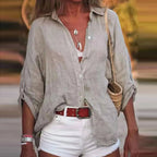 Cotton Linen Blouse Shirts Summer Solid Color Short Sleeve Buttons Cardigan Shirts nowadaysfashion