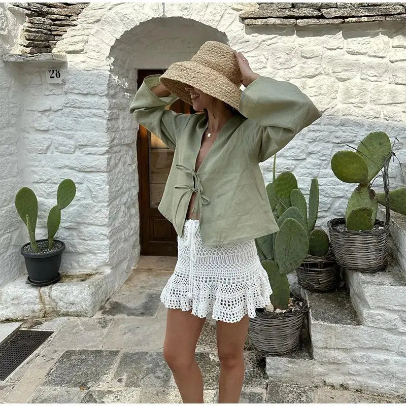 Cotton Linen Lace Up Bow Shirts Women Loose Hollow Out V Neck Long Sleeve Tops nowadaysfashion