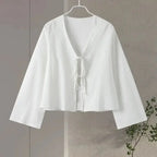 Cotton Linen Lace Up Bow Shirts Women Loose Hollow Out V Neck Long Sleeve Tops nowadaysfashion
