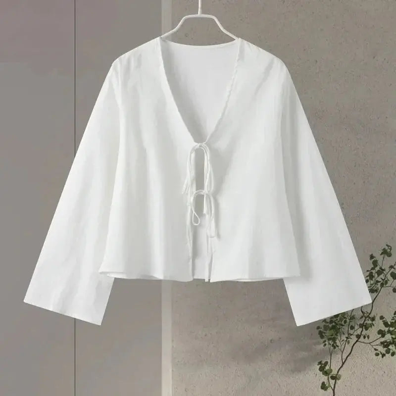 Cotton Linen Lace Up Bow Shirts Women Loose Hollow Out V Neck Long Sleeve Tops - Blade & Thread