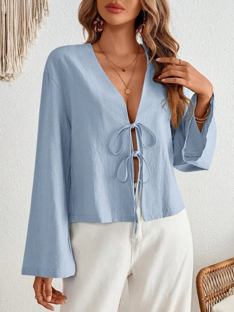 Cotton Linen Lace Up Bow Shirts Women Loose Hollow Out V Neck Long Sleeve Tops - Blade & Thread