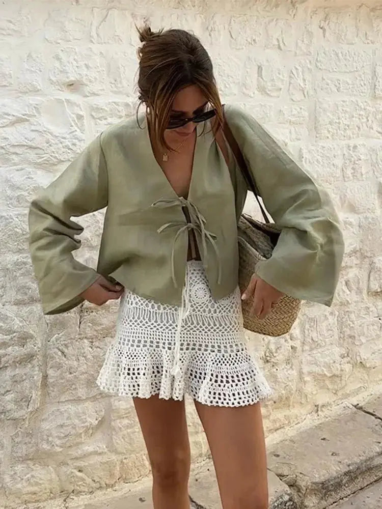 Cotton Linen Lace Up Bow Shirts Women Loose Hollow Out V Neck Long Sleeve Tops - Blade & Thread