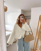 Cotton Linen Lace Up Bow Shirts Women Loose Hollow Out V Neck Long Sleeve Tops nowadaysfashion