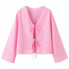 Cotton Linen Lace Up Bow Shirts Women Loose Hollow Out V Neck Long Sleeve Tops nowadaysfashion