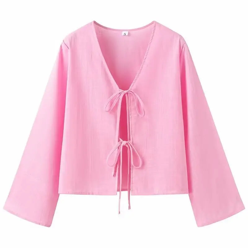 Cotton Linen Lace Up Bow Shirts Women Loose Hollow Out V Neck Long Sleeve Tops nowadaysfashion