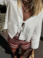 Cotton Linen Lace Up Bow Shirts Women Loose Hollow Out V Neck Long Sleeve Tops nowadaysfashion