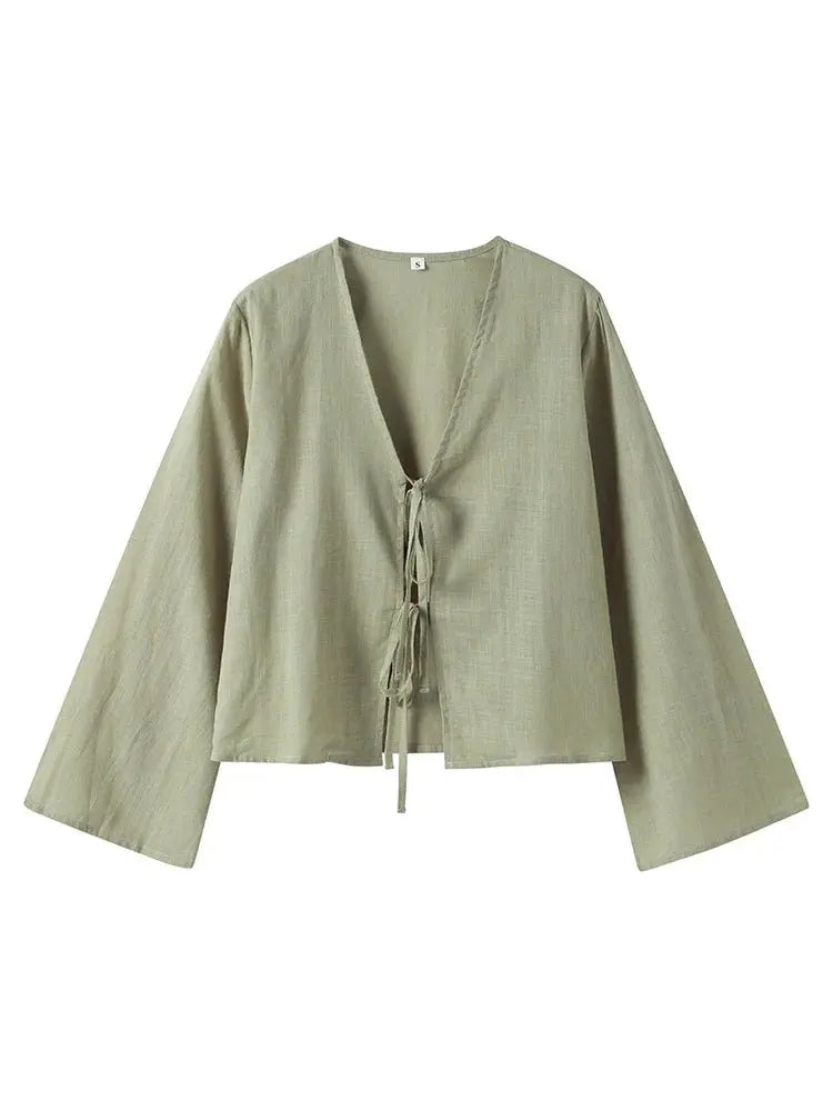 Cotton Linen Lace Up Bow Shirts Women Loose Hollow Out V Neck Long Sleeve Tops nowadaysfashion