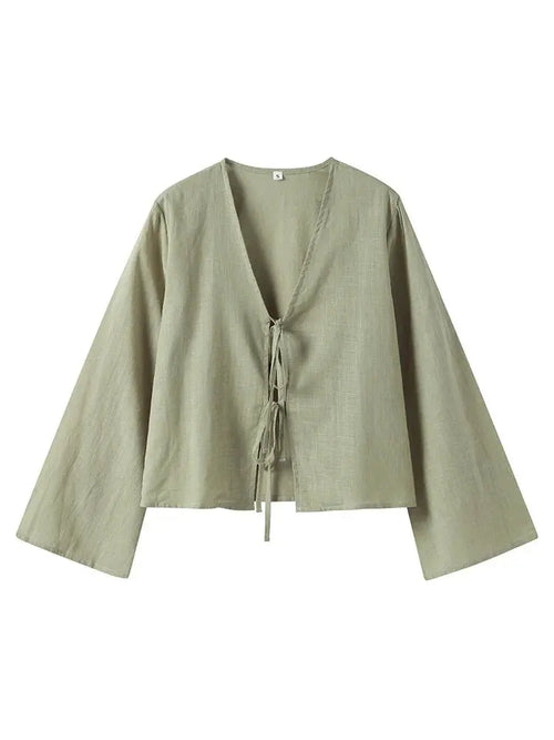 Cotton Linen Lace Up Bow Shirts Women Loose Hollow Out V Neck Long Sleeve Tops nowadaysfashion