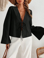Cotton Linen Lace Up Bow Shirts Women Loose Hollow Out V Neck Long Sleeve Tops nowadaysfashion