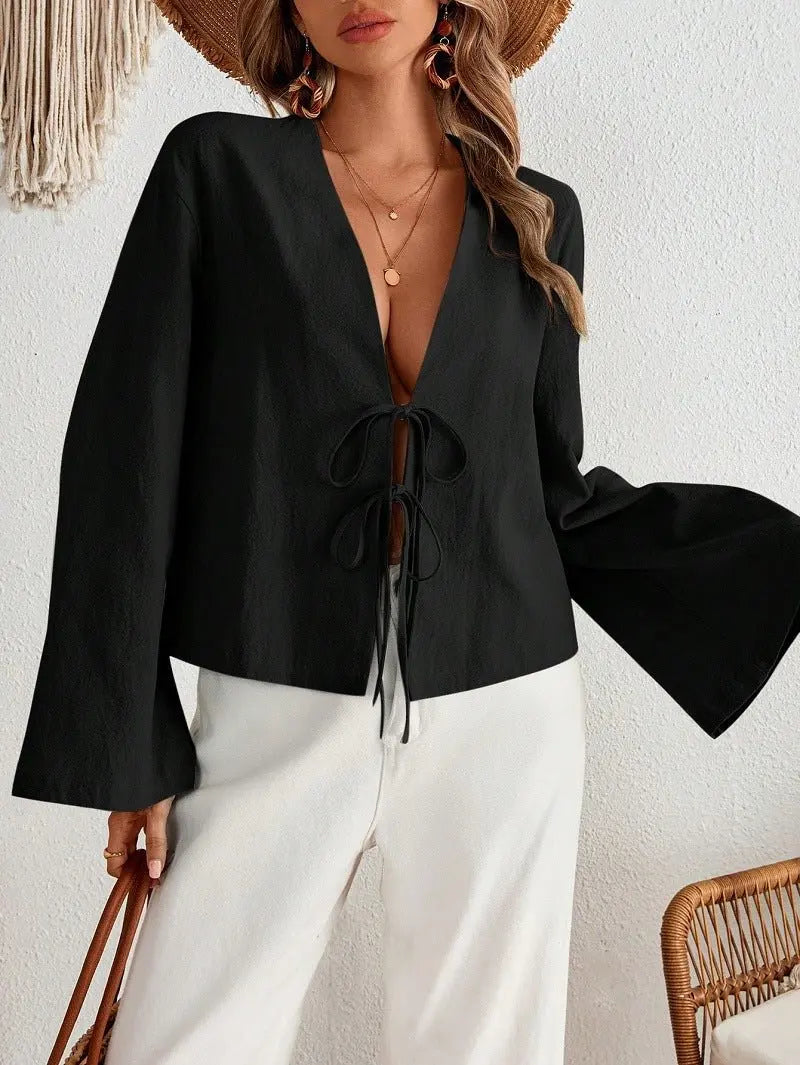 Cotton Linen Lace Up Bow Shirts Women Loose Hollow Out V Neck Long Sleeve Tops - Blade & Thread