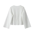 Cotton Linen Lace Up Bow Shirts Women Loose Hollow Out V Neck Long Sleeve Tops nowadaysfashion
