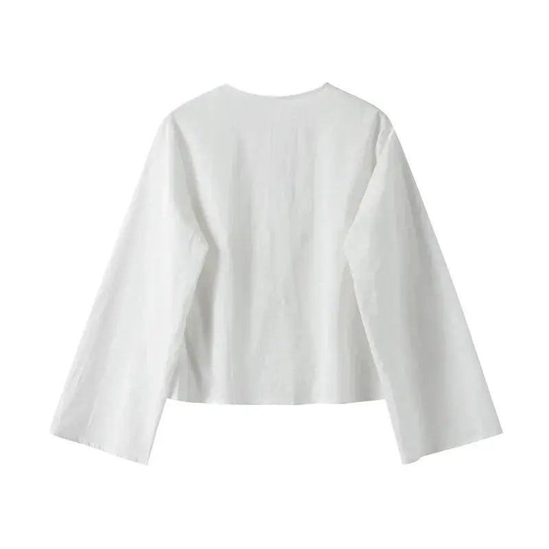 Cotton Linen Lace Up Bow Shirts Women Loose Hollow Out V Neck Long Sleeve Tops nowadaysfashion