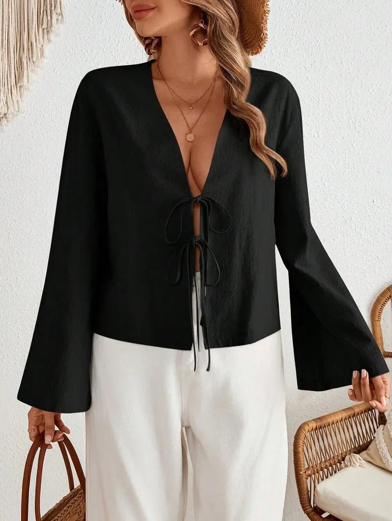 Cotton Linen Lace Up Bow Shirts Women Loose Hollow Out V Neck Long Sleeve Tops - Blade & Thread