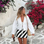 Cotton Linen Lace Up Bow Shirts Women Loose Hollow Out V Neck Long Sleeve Tops nowadaysfashion