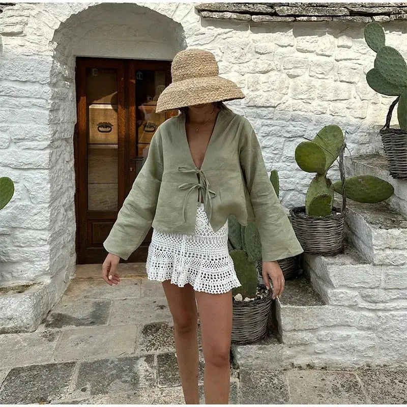 Cotton Linen Lace Up Bow Shirts Women Loose Hollow Out V Neck Long Sleeve Tops - Blade & Thread