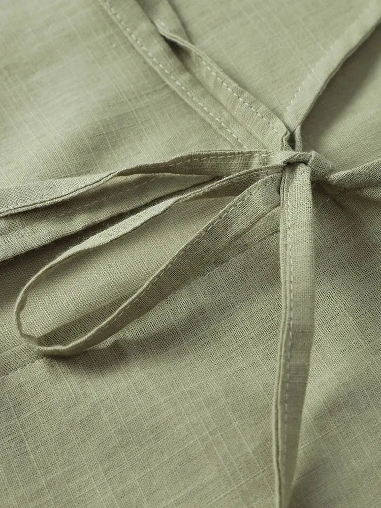 Cotton Linen Lace Up Bow Shirts Women Loose Hollow Out V Neck Long Sleeve Tops - Blade & Thread