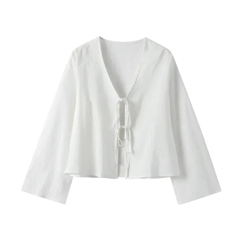 Cotton Linen Lace Up Bow Shirts Women Loose Hollow Out V Neck Long Sleeve Tops - Blade & Thread