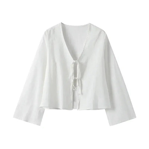 Cotton Linen Lace Up Bow Shirts Women Loose Hollow Out V Neck Long Sleeve Tops nowadaysfashion