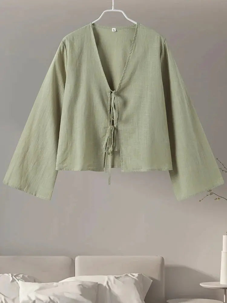 Cotton Linen Lace Up Bow Shirts Women Loose Hollow Out V Neck Long Sleeve Tops - Blade & Thread