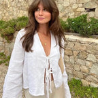 Cotton Linen Lace Up Bow Shirts Women Loose Hollow Out V Neck Long Sleeve Tops nowadaysfashion