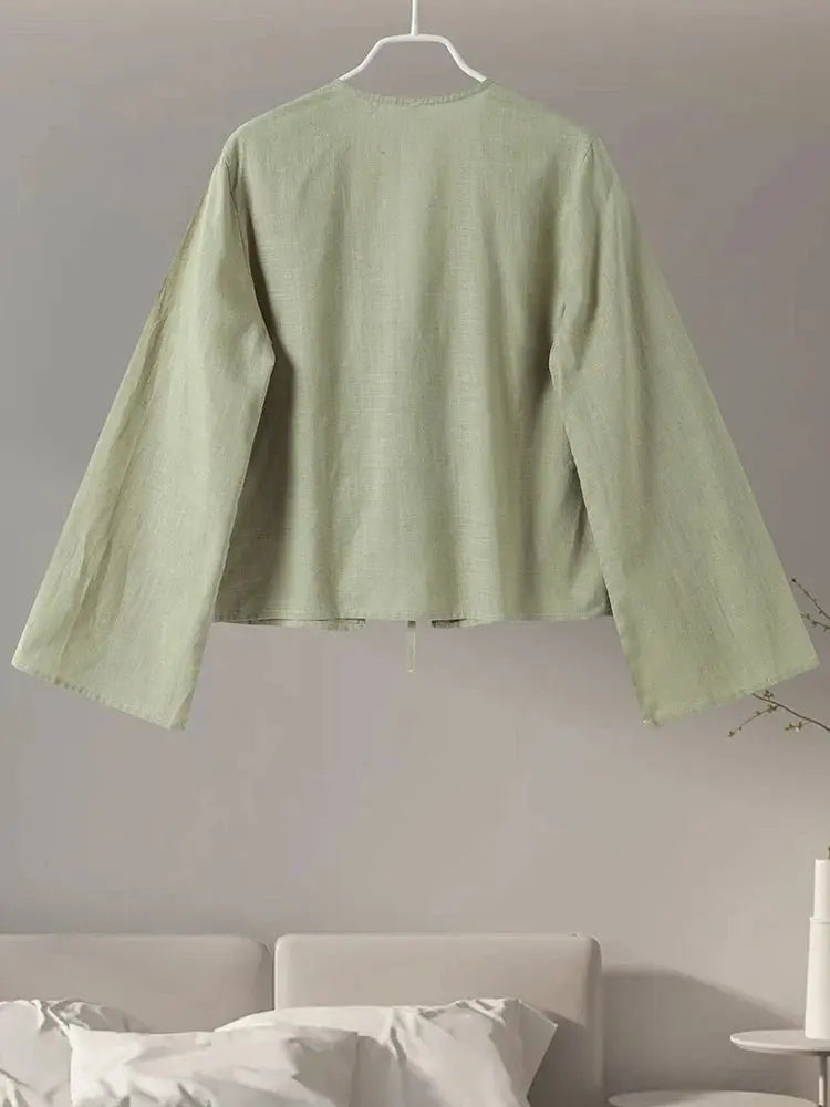 Cotton Linen Lace Up Bow Shirts Women Loose Hollow Out V Neck Long Sleeve Tops - Blade & Thread