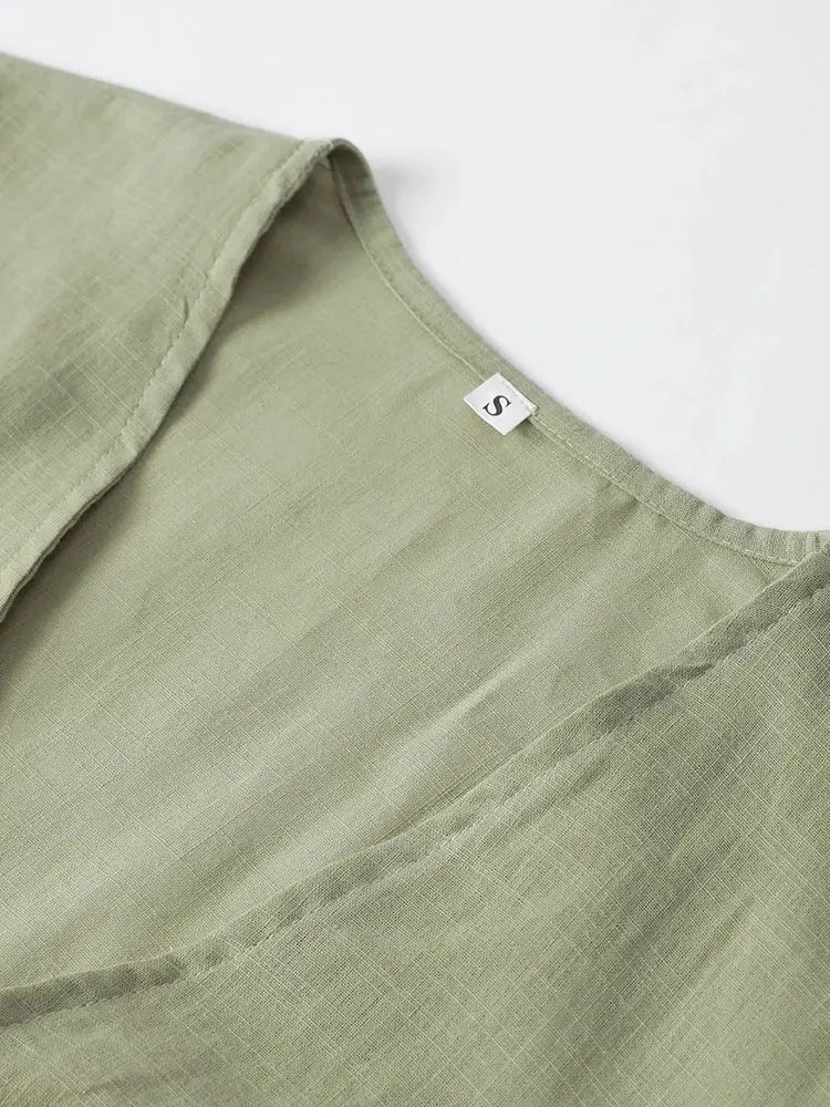 Cotton Linen Lace Up Bow Shirts Women Loose Hollow Out V Neck Long Sleeve Tops - Blade & Thread