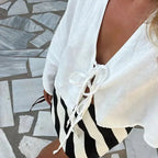 Cotton Linen Lace Up Bow Shirts Women Loose Hollow Out V Neck Long Sleeve Tops nowadaysfashion